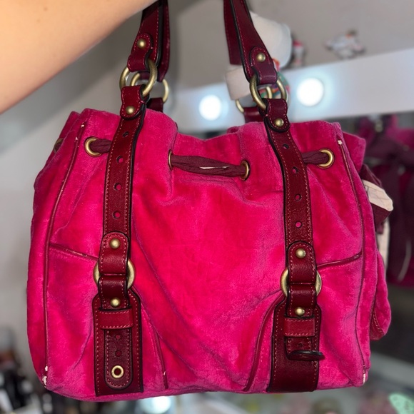 Vintage Juicy Couture Satchel Bag Hot pink Velour Embossed Y2K Hobo Shoulder bag - Picture 3 of 13